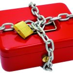 cash box locked with chain and padlock