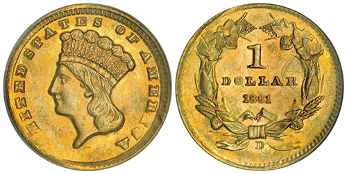 1861-D $1 gold coin