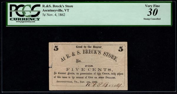 Obsolete note from R. & S. Breck's store in Ascutneyville, Vermont