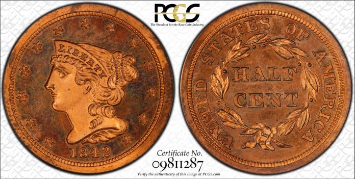 1842 PCGS Proof 65 Red (Original) Half Cent