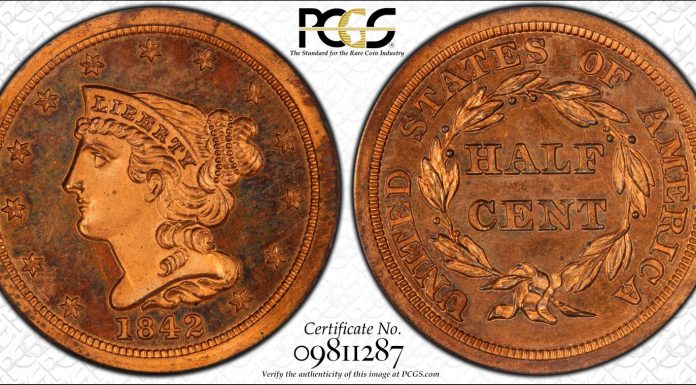 1842 PCGS Proof 65 Red (Original) Half Cent