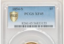 1854-S $5 XF45 PCGS.