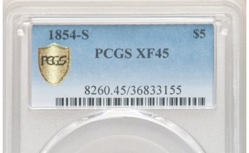 1854-S $5 XF45 PCGS.