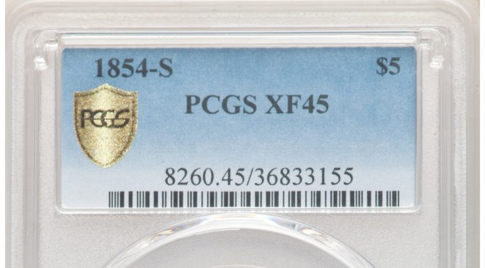 Ultra-Rare 1854-S $5 Accompanies First Display in Nearly a Decade of Rare 1921 Roman Finish Proof Saint-Gaudens $20 at Florida United Numismatists Coin Show in July 1854-S $5 XF45 PCGS.