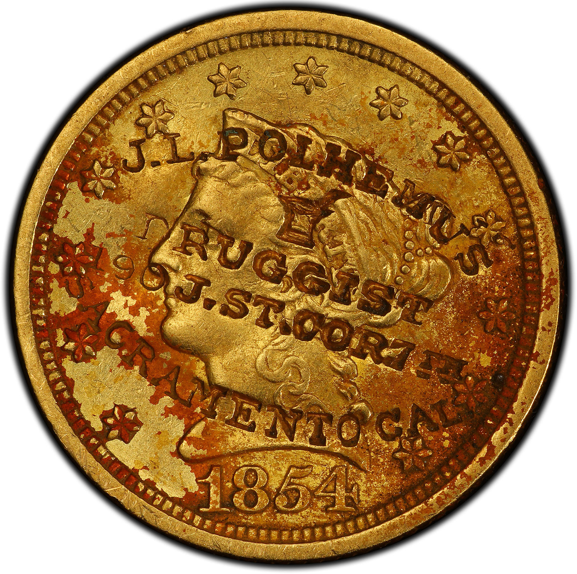 Front of unique 1854 New Orleans Quarter Eagle gold coin