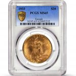 The 1933 Saint-Gaudens Double Eagle is a gold coin with a $20 face value that sold for nearly $19 million in June 2021 and was graded MS65 by Professional Coin Grading Service. The obverse, seen here, depicts a striding Miss Liberty before a sunrise over the U.S. Capitol in Washington, D.C. Courtesy of Professional Coin Grading Service.