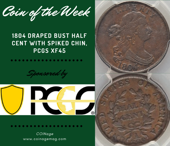 1804 Spiked Chin Half Cent, PCGS XF45