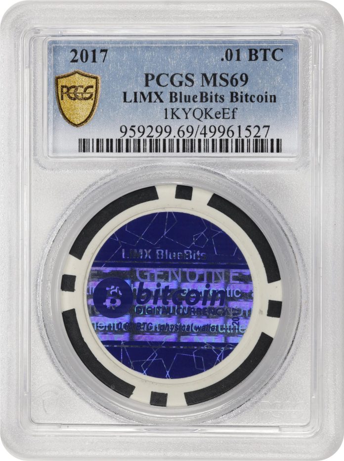 Blue Bits 0.01 BTC Slab Obverse